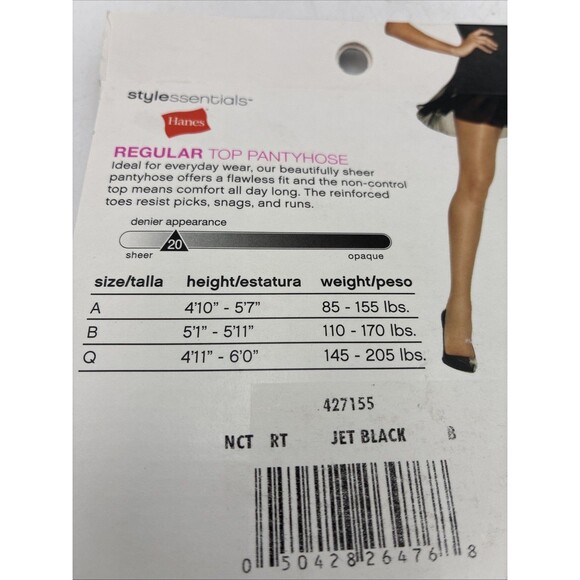 Hanes Regular Top Pantyhose Reinforced Toe Sheer Leg Size B jet black (2 Pair) - Picture 3 of 4